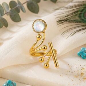18K Gold Plated Turkish Artisan Abstract Glass Pearl Adjustable Statement Ring